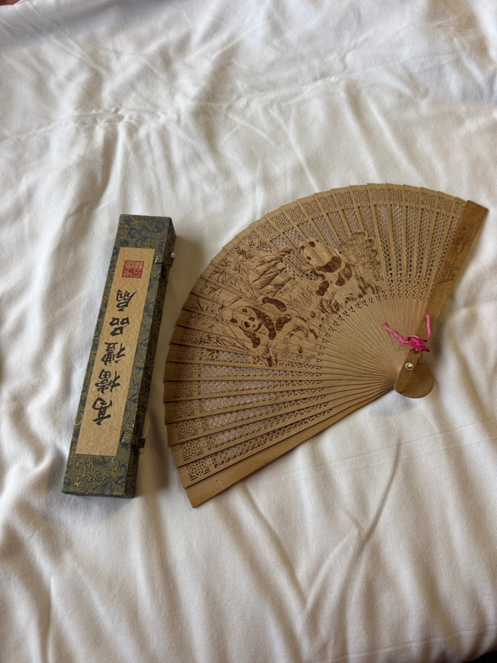 Vintage Hand-Carved Wooden Folding Fan with Decorative Box